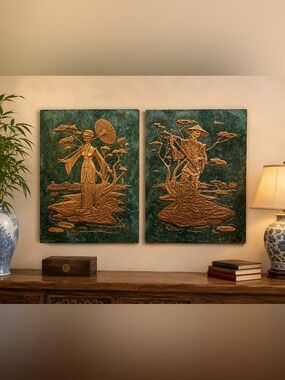 Vintage Pair Hammered Copper Relief Wall Art Asian Figures MCM 1950s 10x13